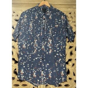 Quiksilver Floral Button Up Shirt Mens XL Blue Hawaiian Tropical Short Sleeve